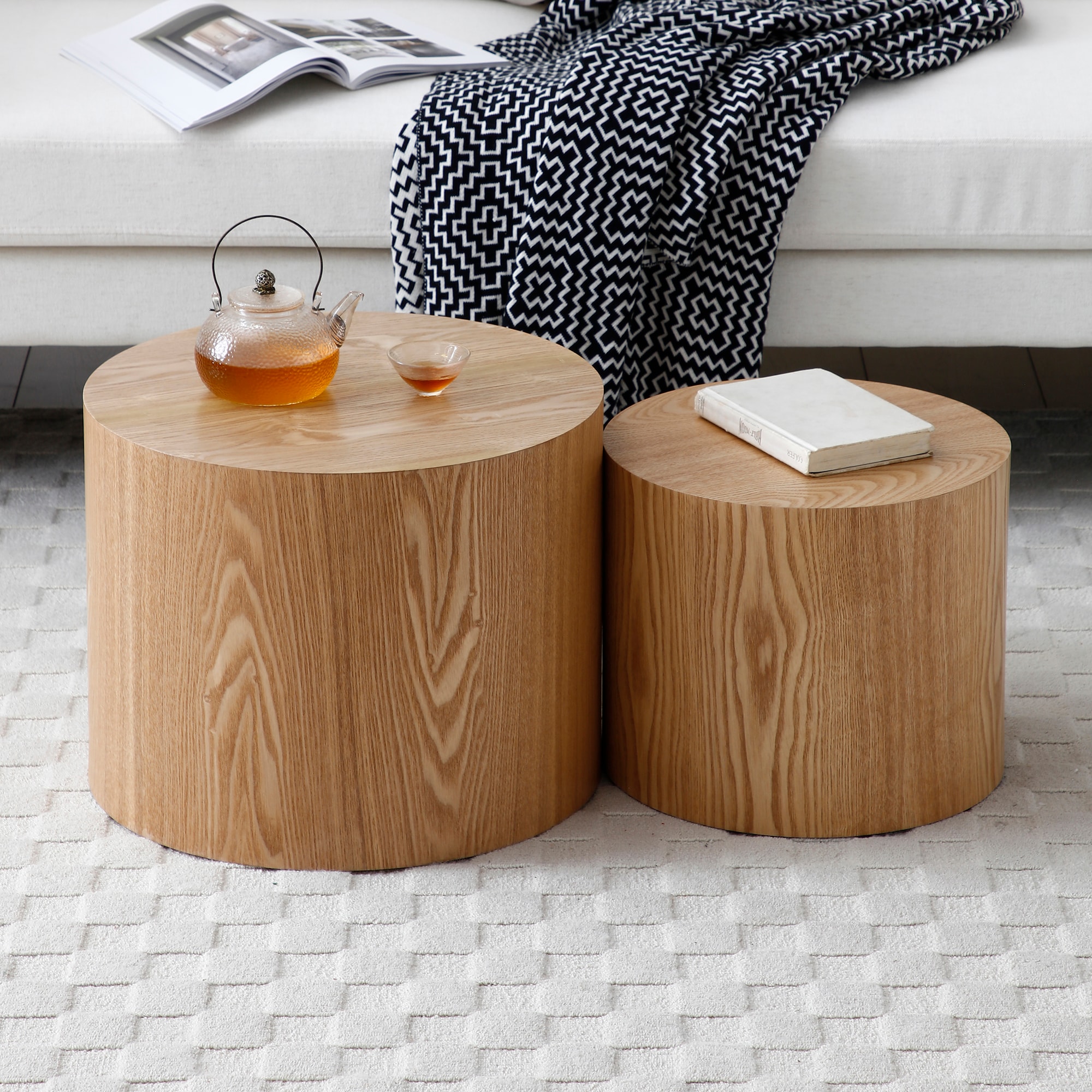 Round Coffee Table Set of 2, Nesting Coffee Tables for  MDF with  veneer .for living room,office,bedroom,Natural, 4Colors NATURAL